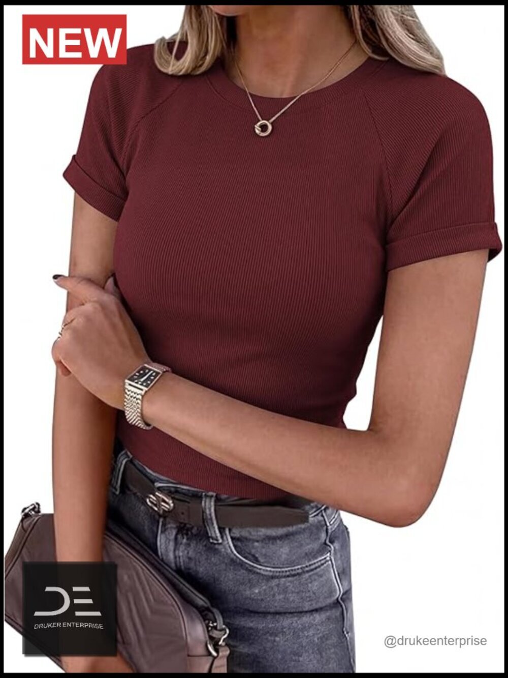 Crew Neck Rolled Sleeve T-Shirt Knit Slim Basic Casual Spring Top Workout